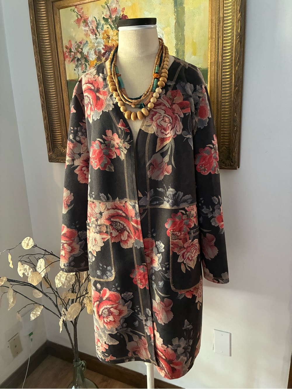 Anthropologie Solitaire Open Front Floral Fall Cardigan Size Large